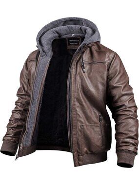 Men's Vintage Faux Leather Motorcycle Jacket, Waterproof Windproof Bomber Hoodie